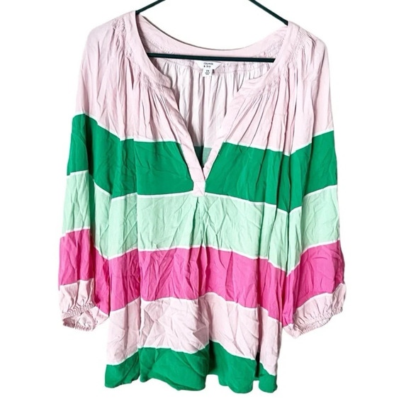 Crown & Ivy Top Women's 2X Striped Color Block Split V Neck Preppy Southern - Picture 1 of 7